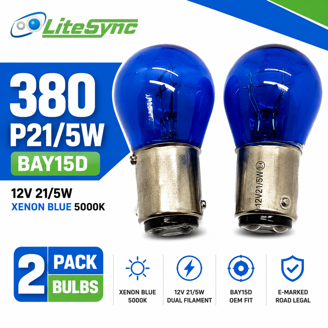 2 x 380 bay15d P21/5w 12V 21W bulb replacement DRL xenon blue 5000K