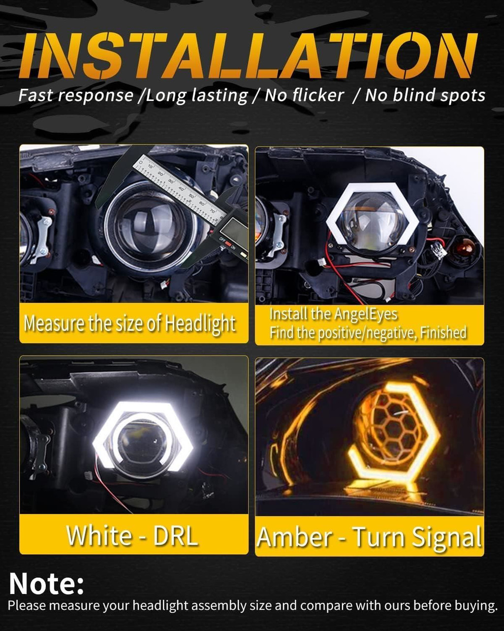 COB LED Hexagon Angel Eyes White Amber Switchback Rings 12V Pair Retrofit Car