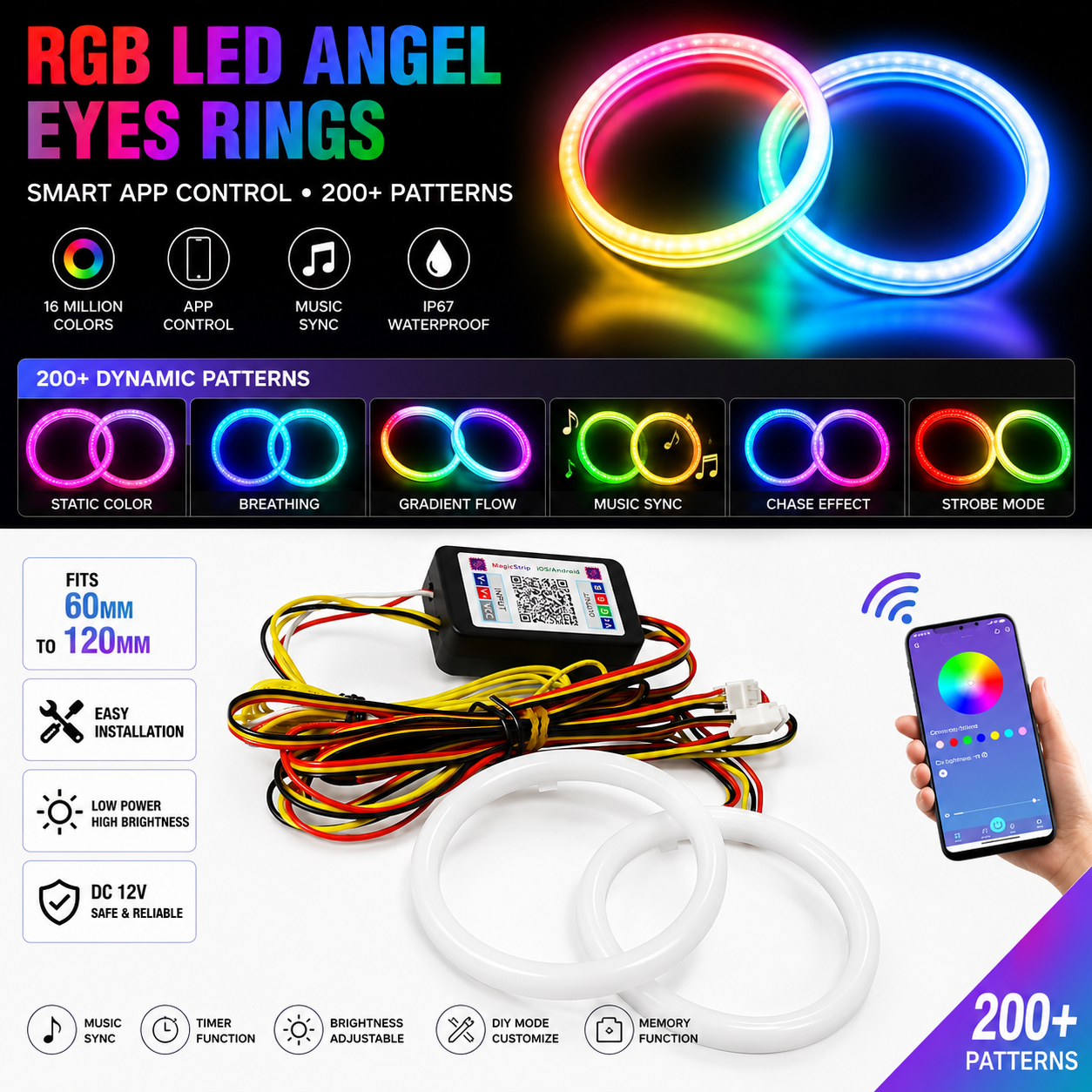 2x Cotton LED Rings Halo Angel Eyes dynamic RGB Multicolour Bluetooth