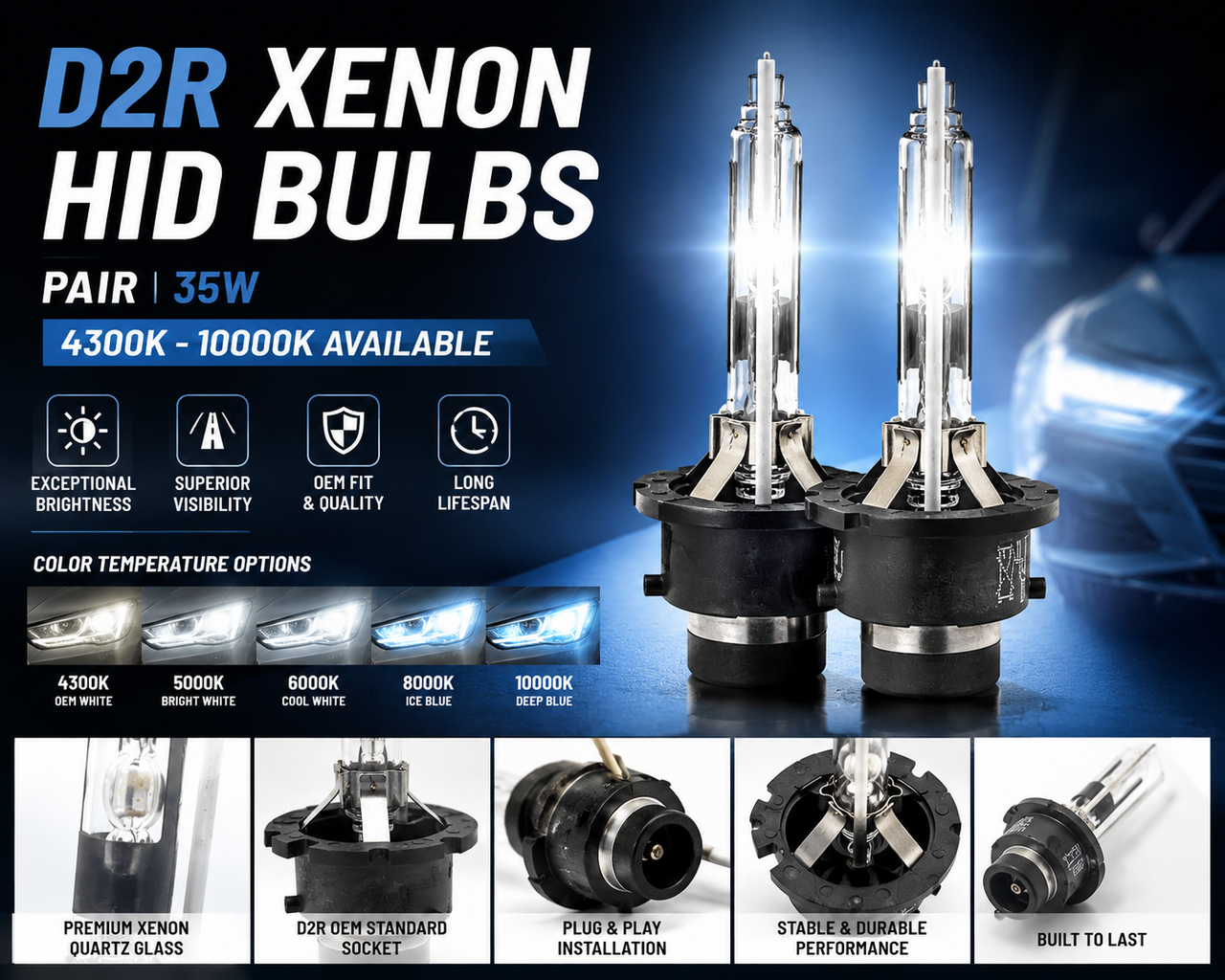D2R Xenon HID Headlight Bulbs 4300K 6000K 8000K OEM Replacement Pair 12V