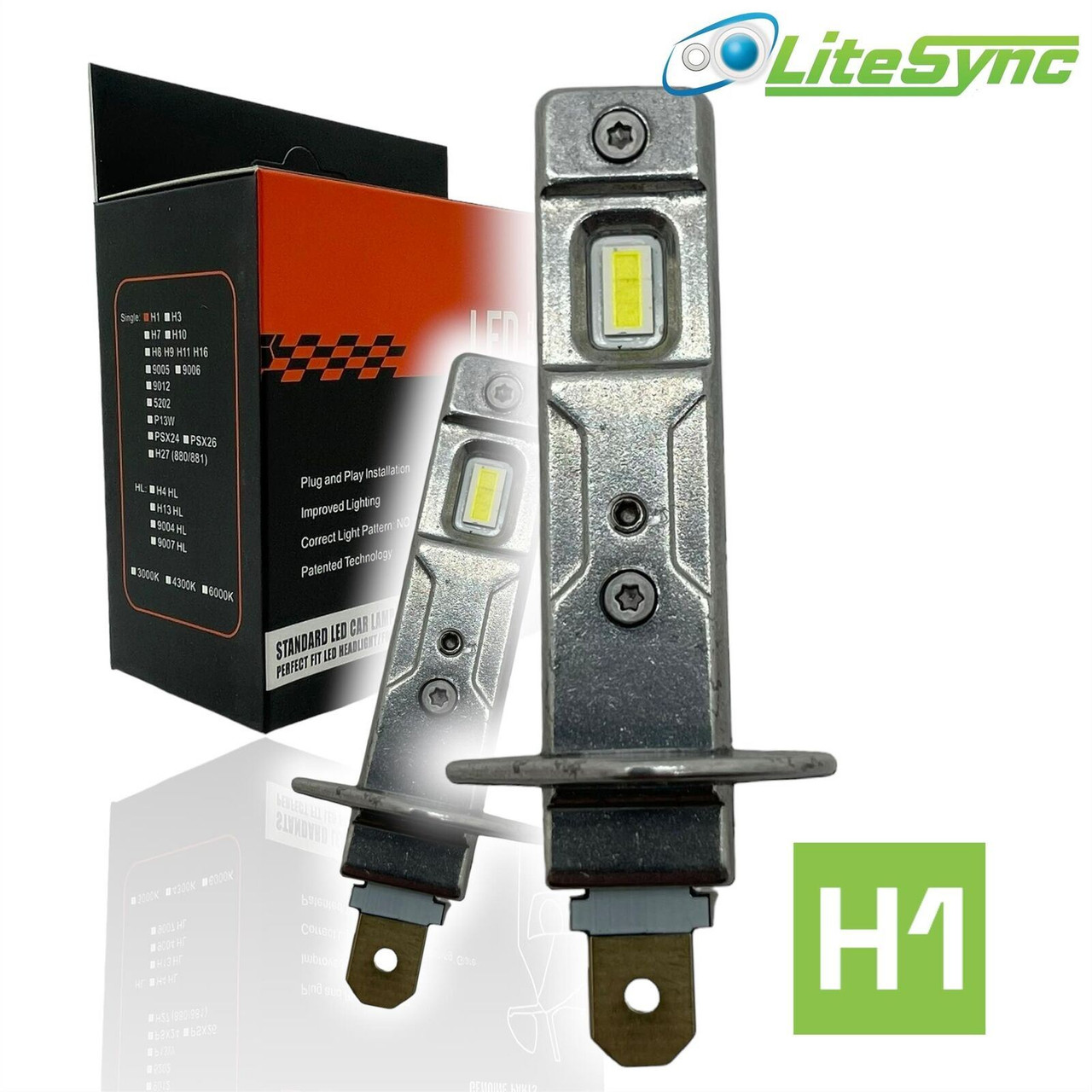 H1 LED Headlight Bulbs 6000K White 10000LM R3 CSP Fanless 12V Pair