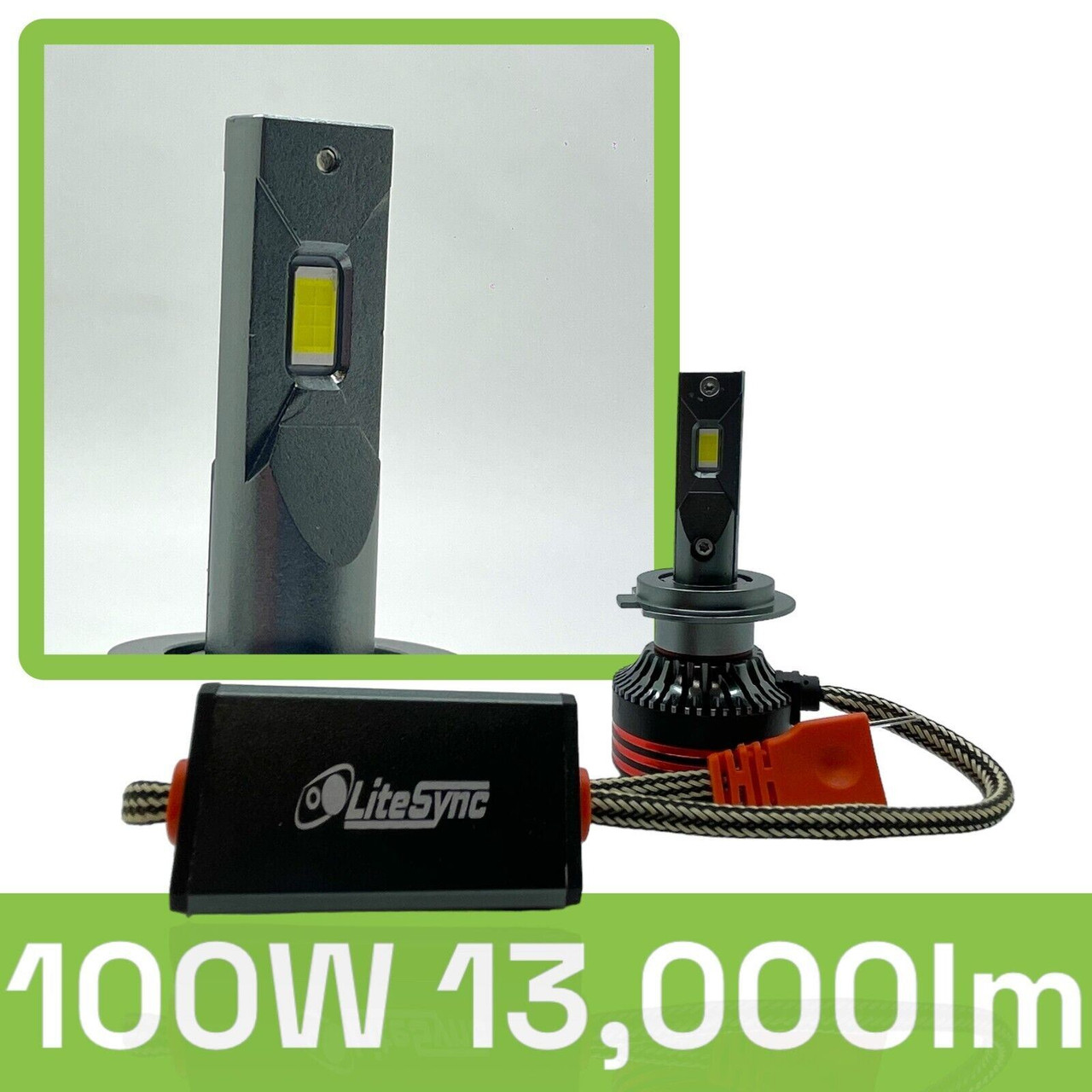 LiteSync LED Headlight Bulbs Kit H7 low beam & metal bulb holders 13000lm canbus