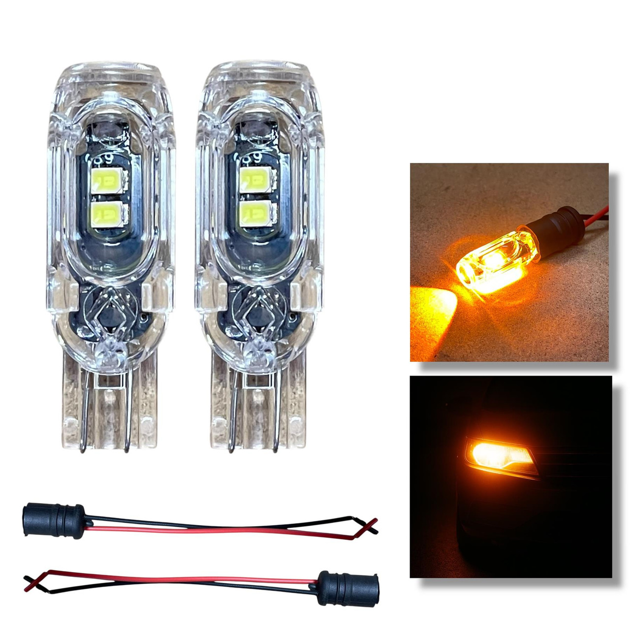 Hideaway 2x Yellow Strobe LED Bulbs + 2x 501 Rubber Holders 12V T10 W5W