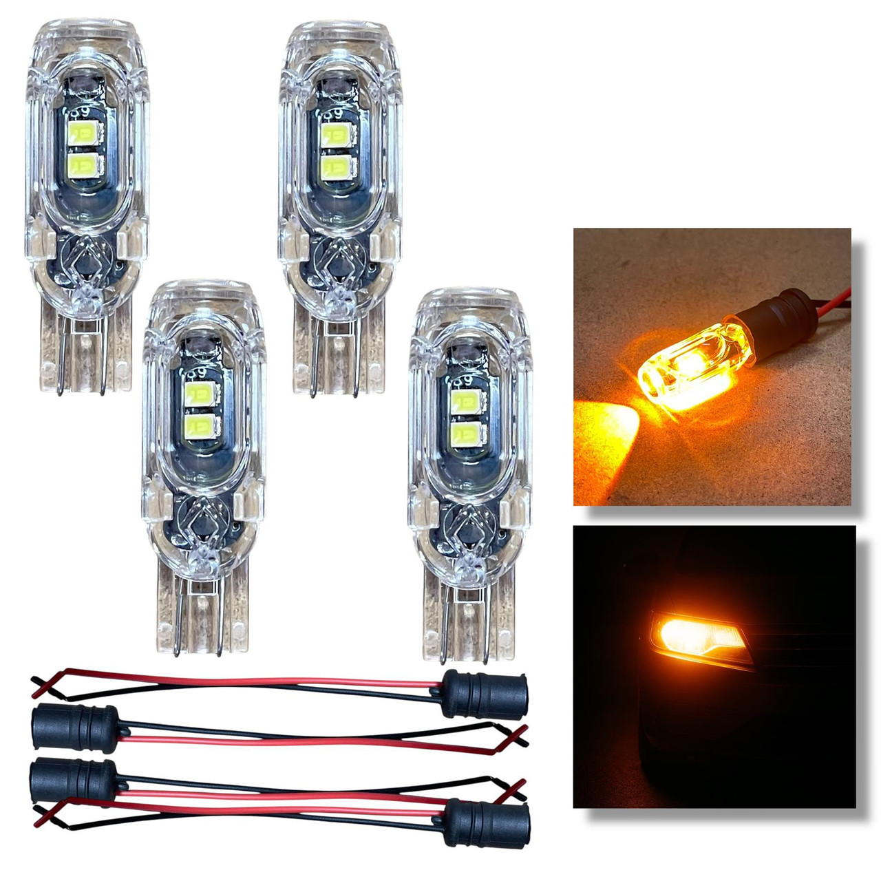 4x Yellow Strobe LED Bulbs + 4x 501 Holders 12V Hideaway Flash Lights