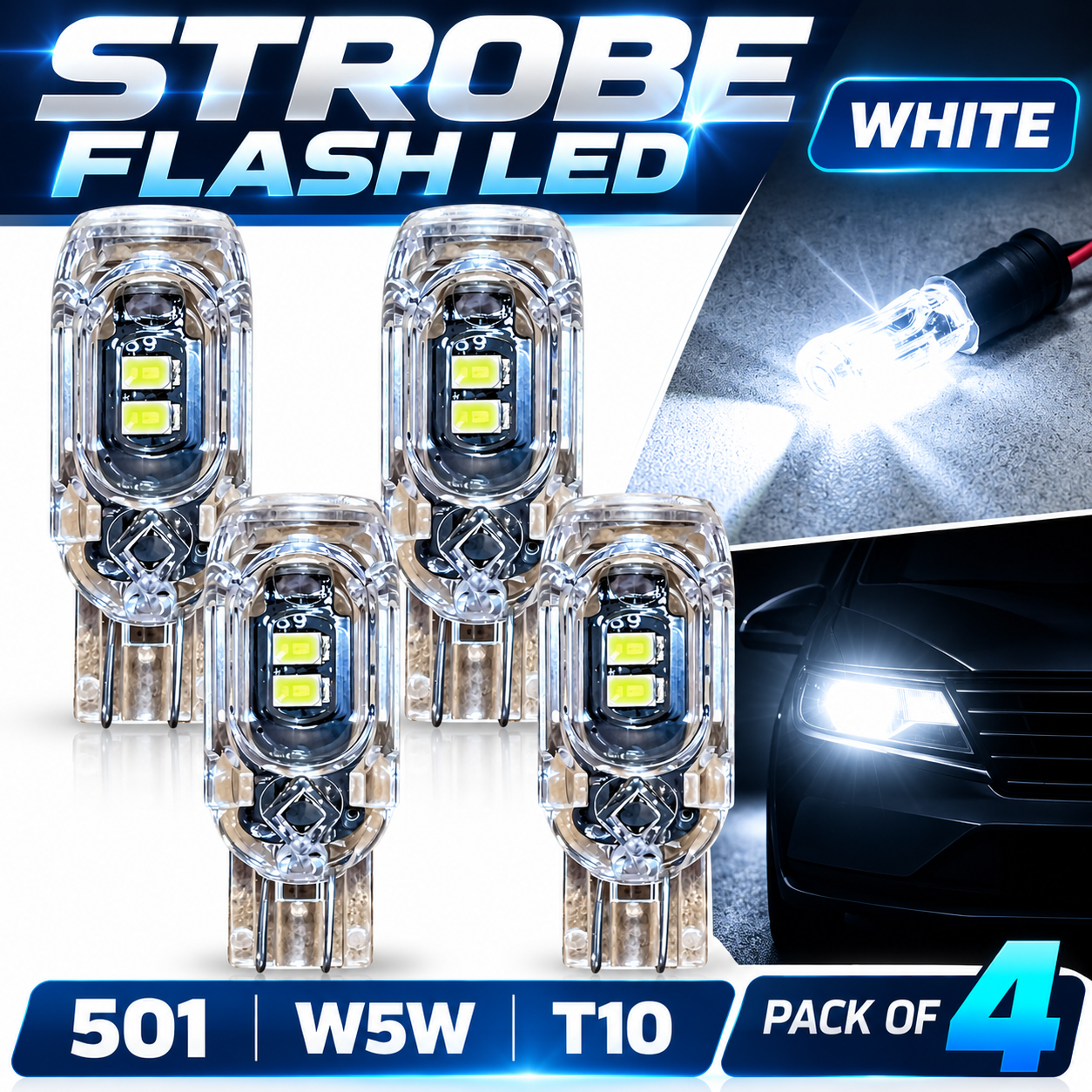 4 x White 12V T10 W5W 501 Strobe LED Bulbs Recovery Flash Light