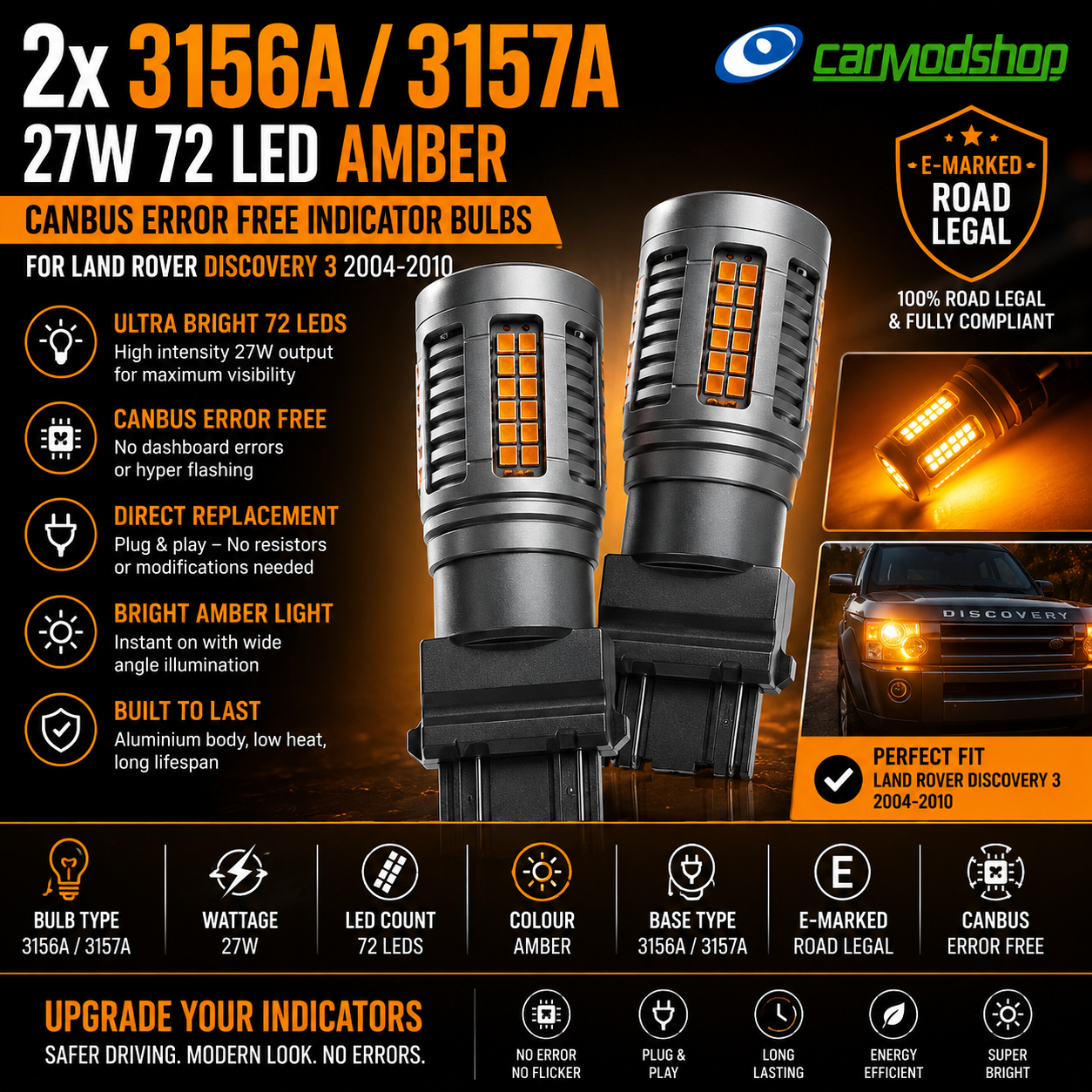 2 x 3156A 3157A 180 27W 72 LED amber indicator bulbs canbus error free no hyper flash