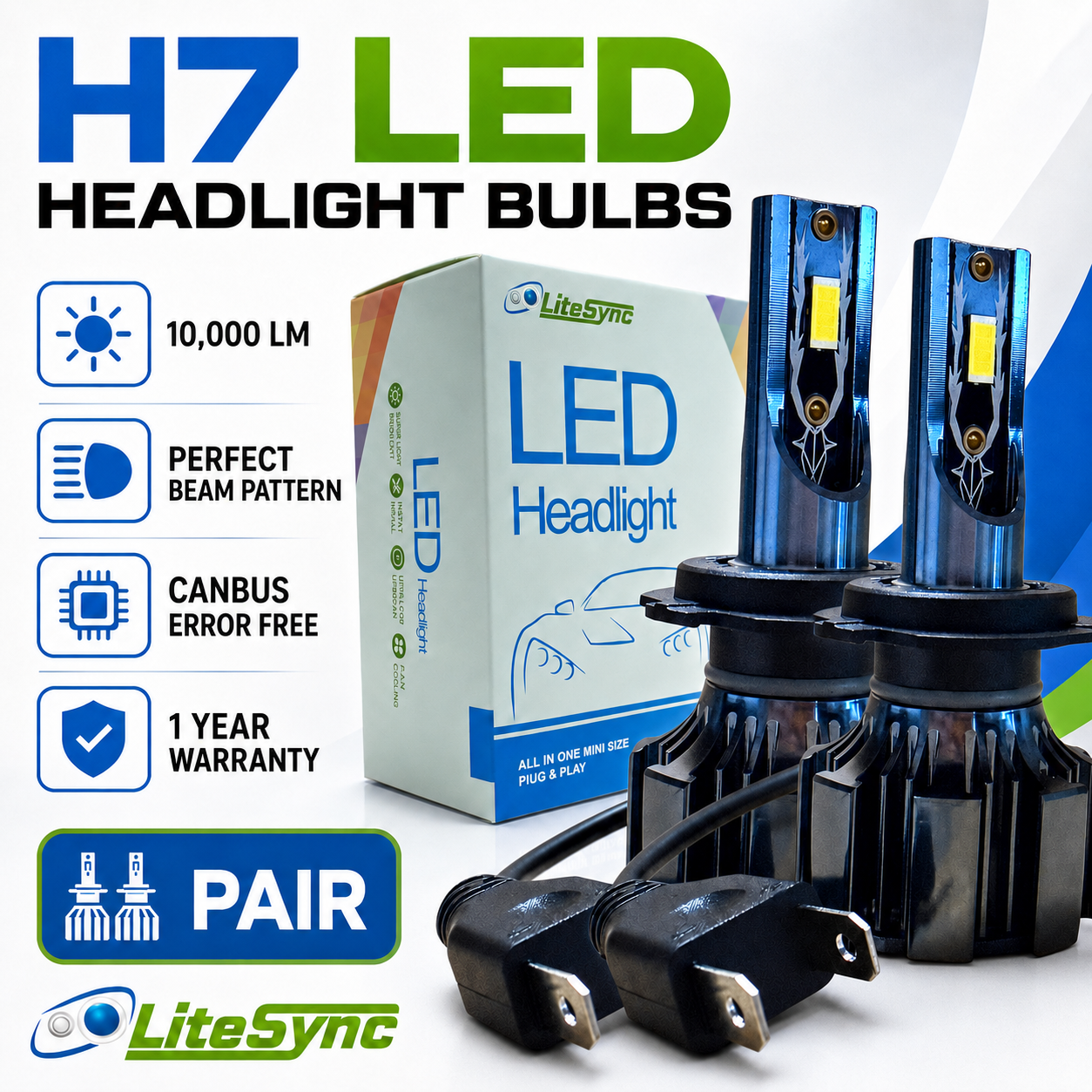 LiteSync N1 LED Headlight Bulbs Kit 10000 Lumens! 12v Canbus Error Free 72w H7
