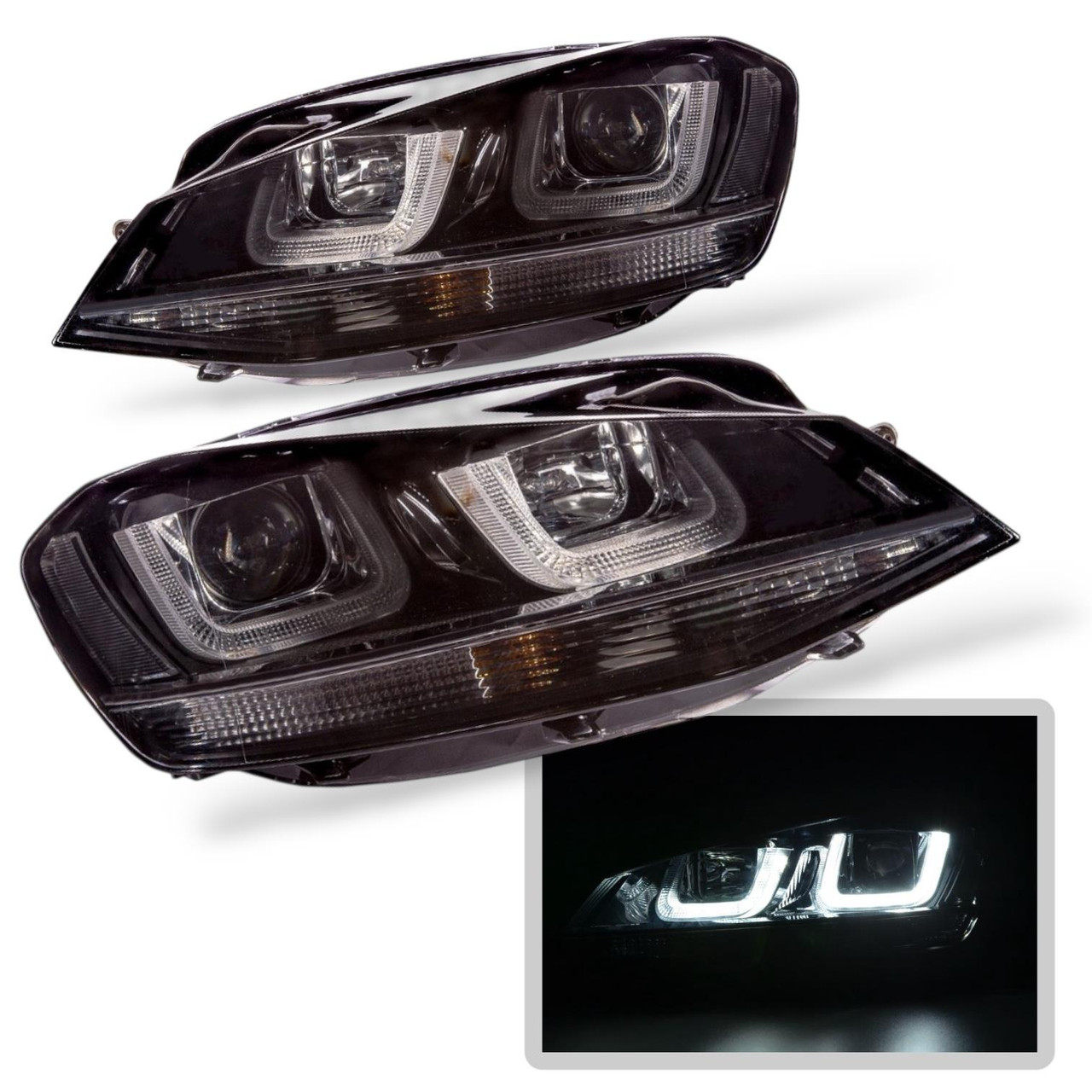 RHD LED DRL Projector Headlights Pair Black for VW Golf MK7 2012-2017