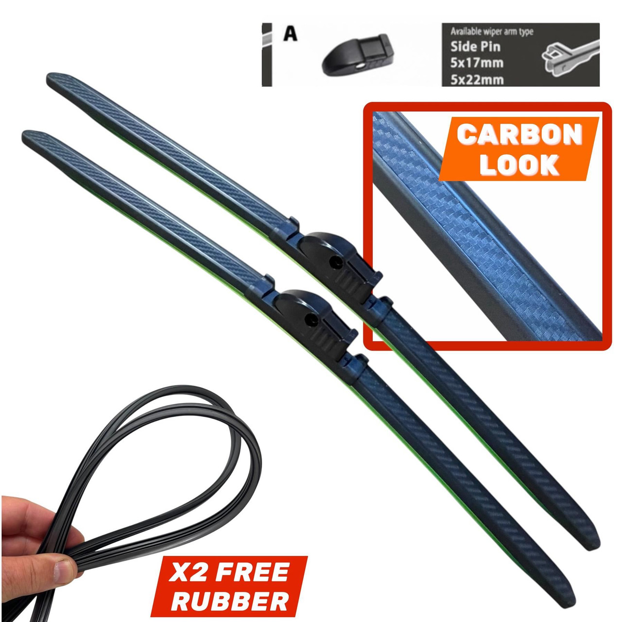21/20" Carbon Fibre Aero Flat Wiper Blades Pair All-Season Windshield Side Pin Fitting