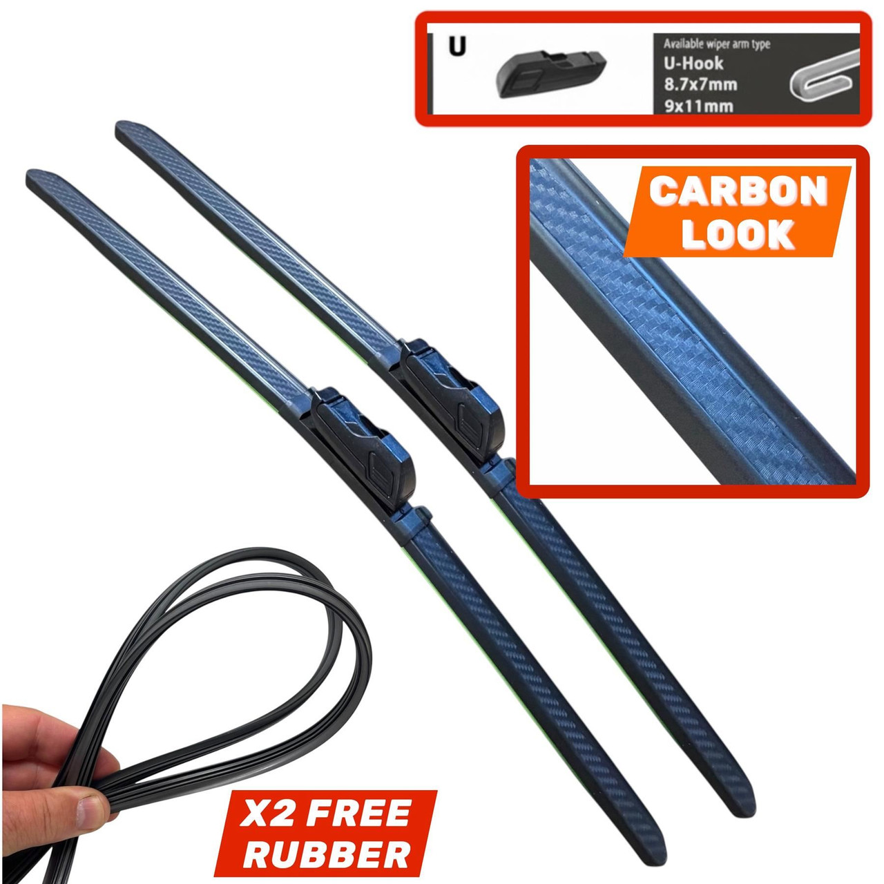 22/21" Carbon Fibre Aero Flat Wiper Blades Pair All-Season Windshield Hook Fitting