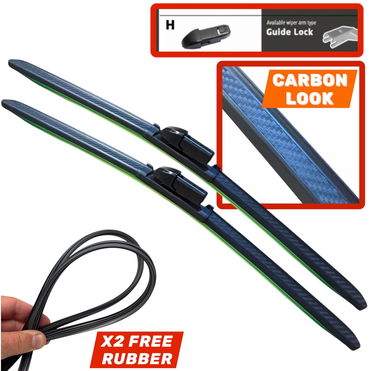 24/18" Carbon Fibre Aero Flat Wiper Blades Pair All-Season Windshield 16mm Guide Lock Fitting