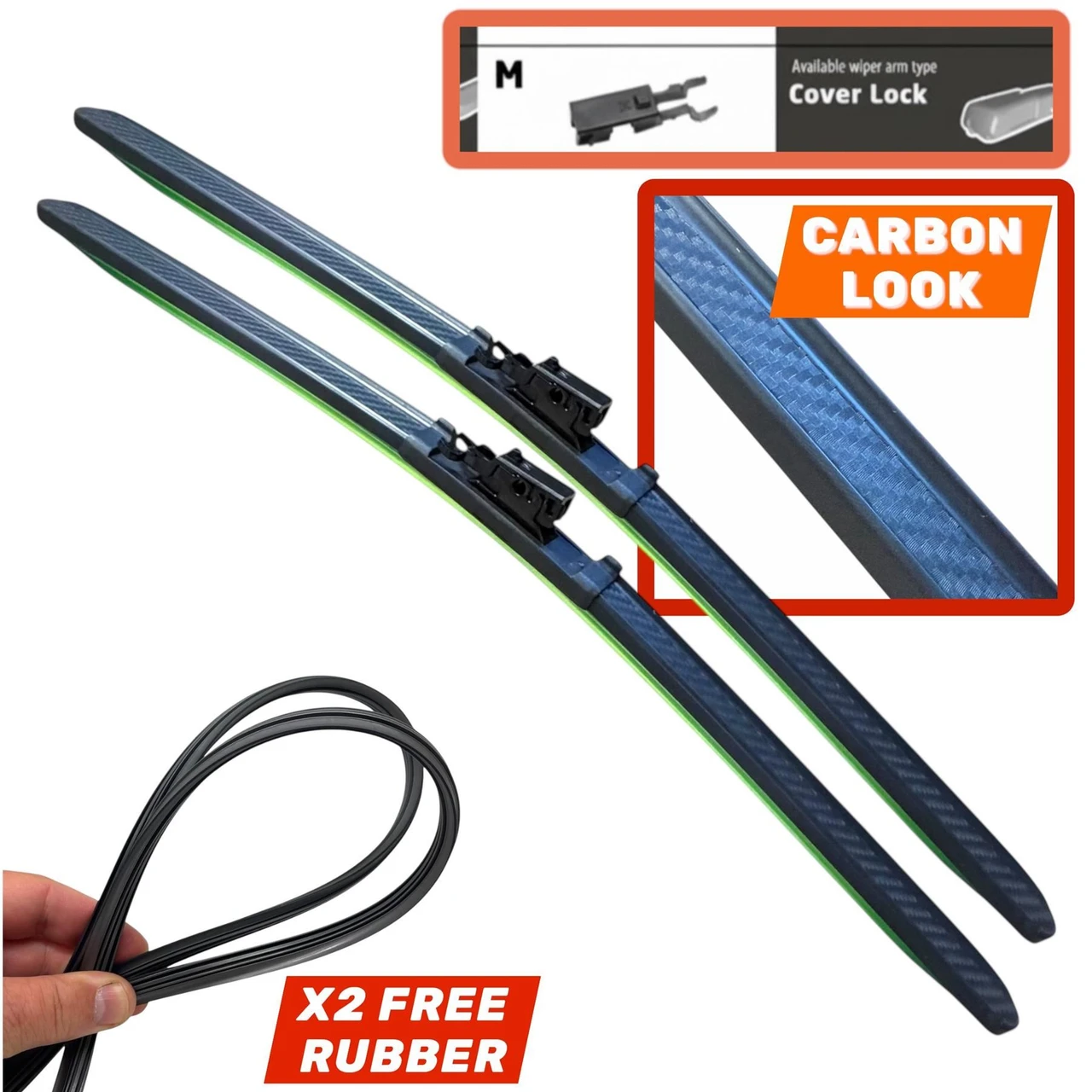 24/22" Carbon Fibre Aero Flat Wiper Blades Pair All-Season Windshield Cover Lock Fitting
