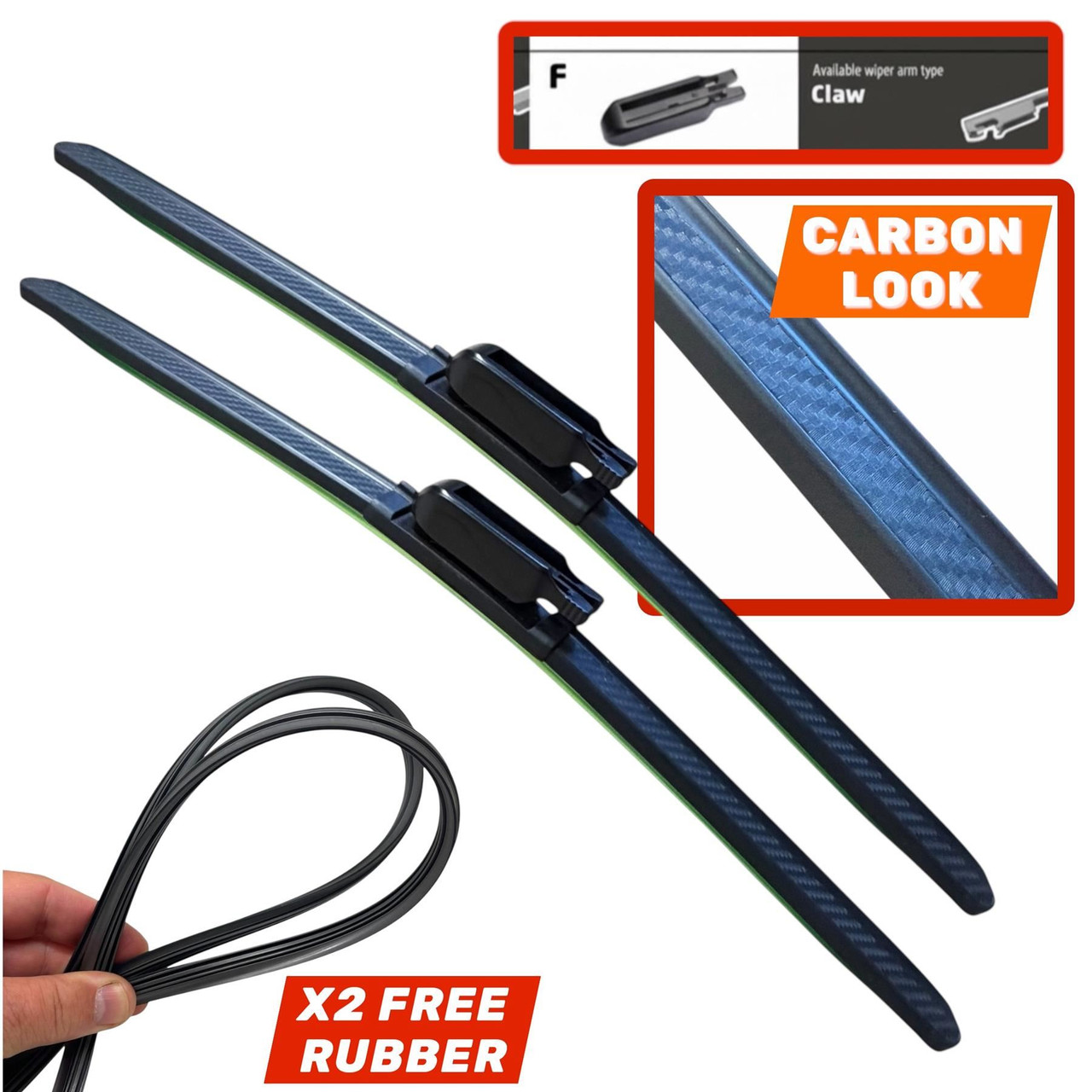 24/22" Carbon Fibre Aero Flat Wiper Blades Pair All-Season Windshield Claw Fitting