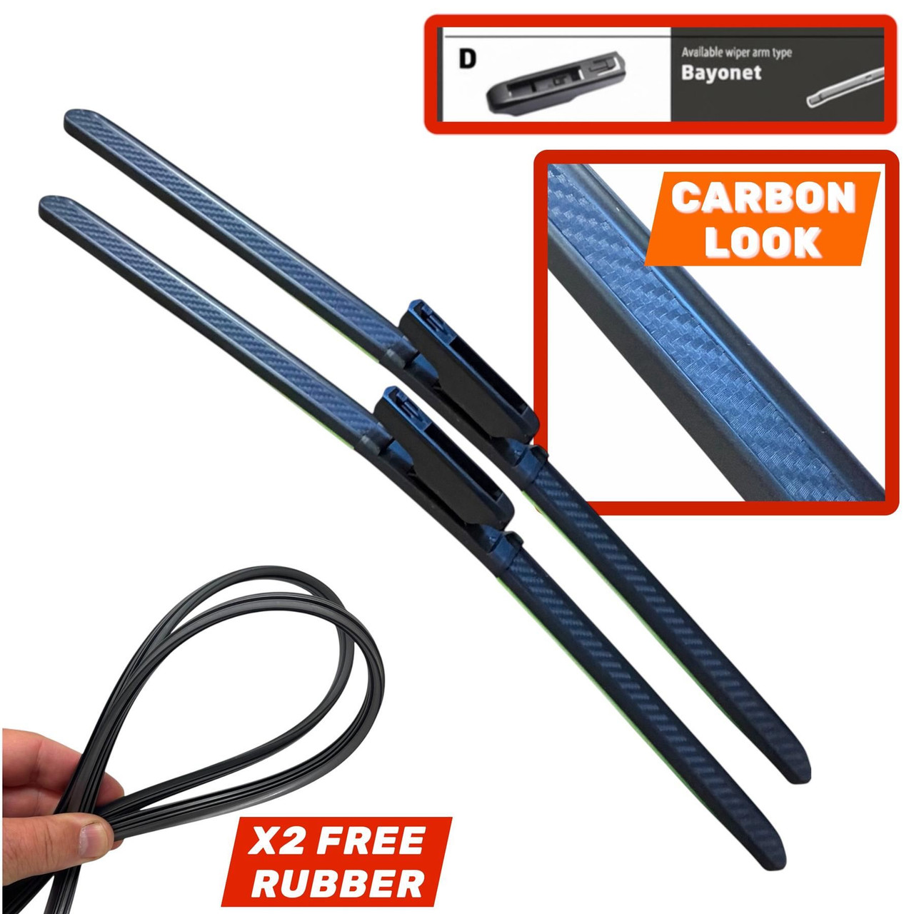 26/14" Carbon Fibre Aero Flat Wiper Blades Pair All-Season Windshield Bayonet Fitting