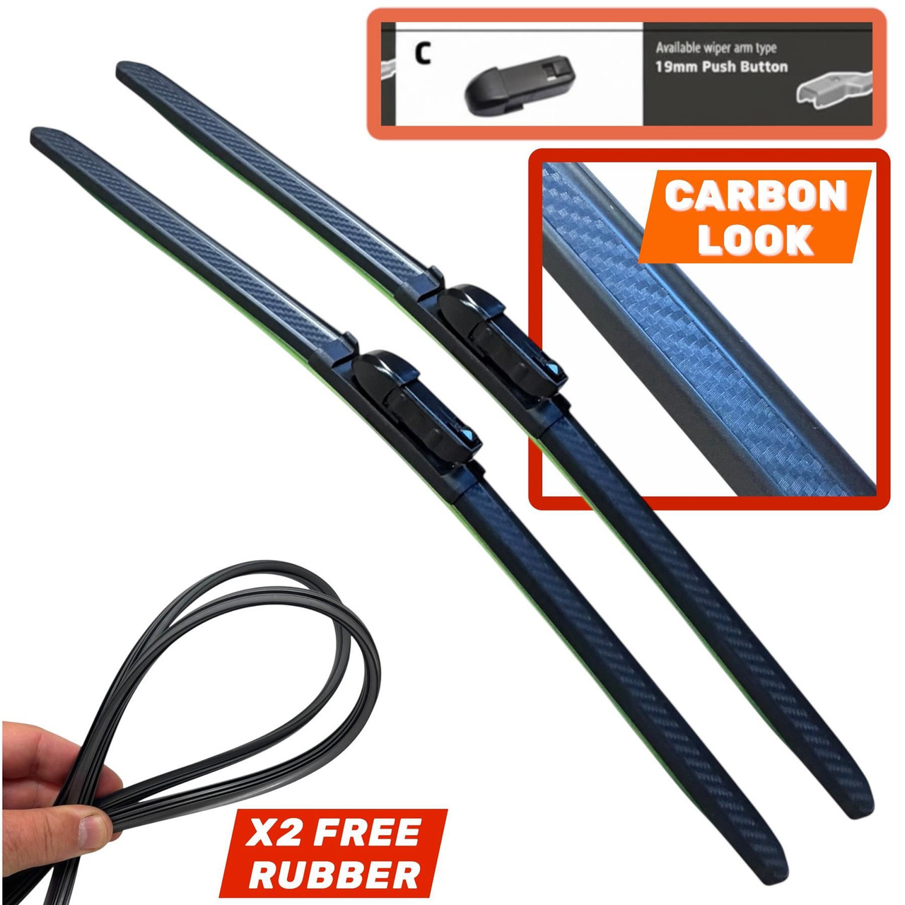 27/25" Carbon Fibre Aero Flat Wiper Blades Pair All-Season Windshield 19mm Push Button Fitting