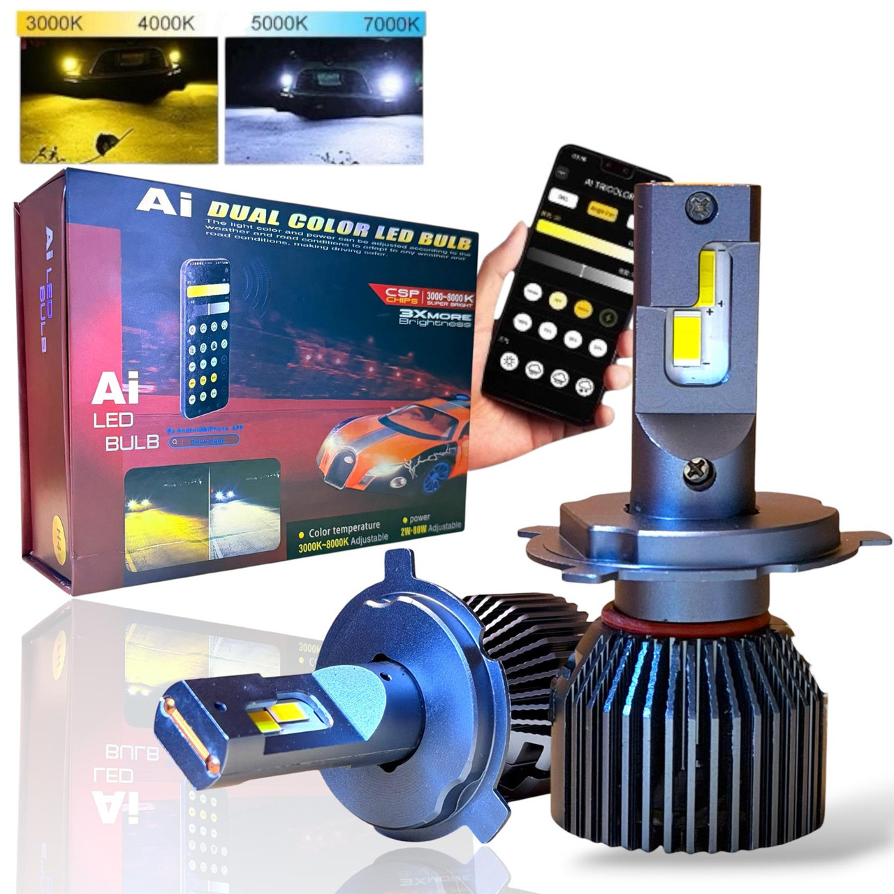 LiteSync Smart H4 LED Headlight Bulbs – App Control, 3000K-8000K Adjustable, 2W-70W Power, CANBUS Error Free, Chameleon Colour, 12V
