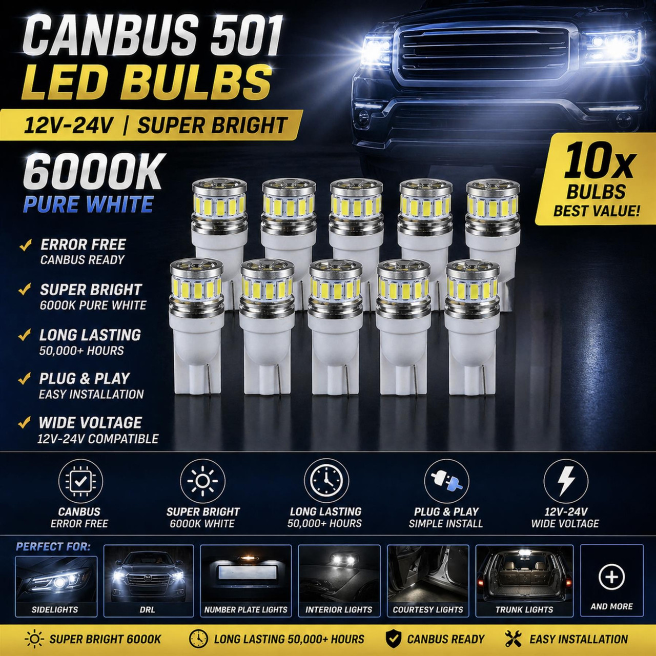 501 W5W 504 LED Bulb 12/24V Canbus Error Free 6000K White Sidelight