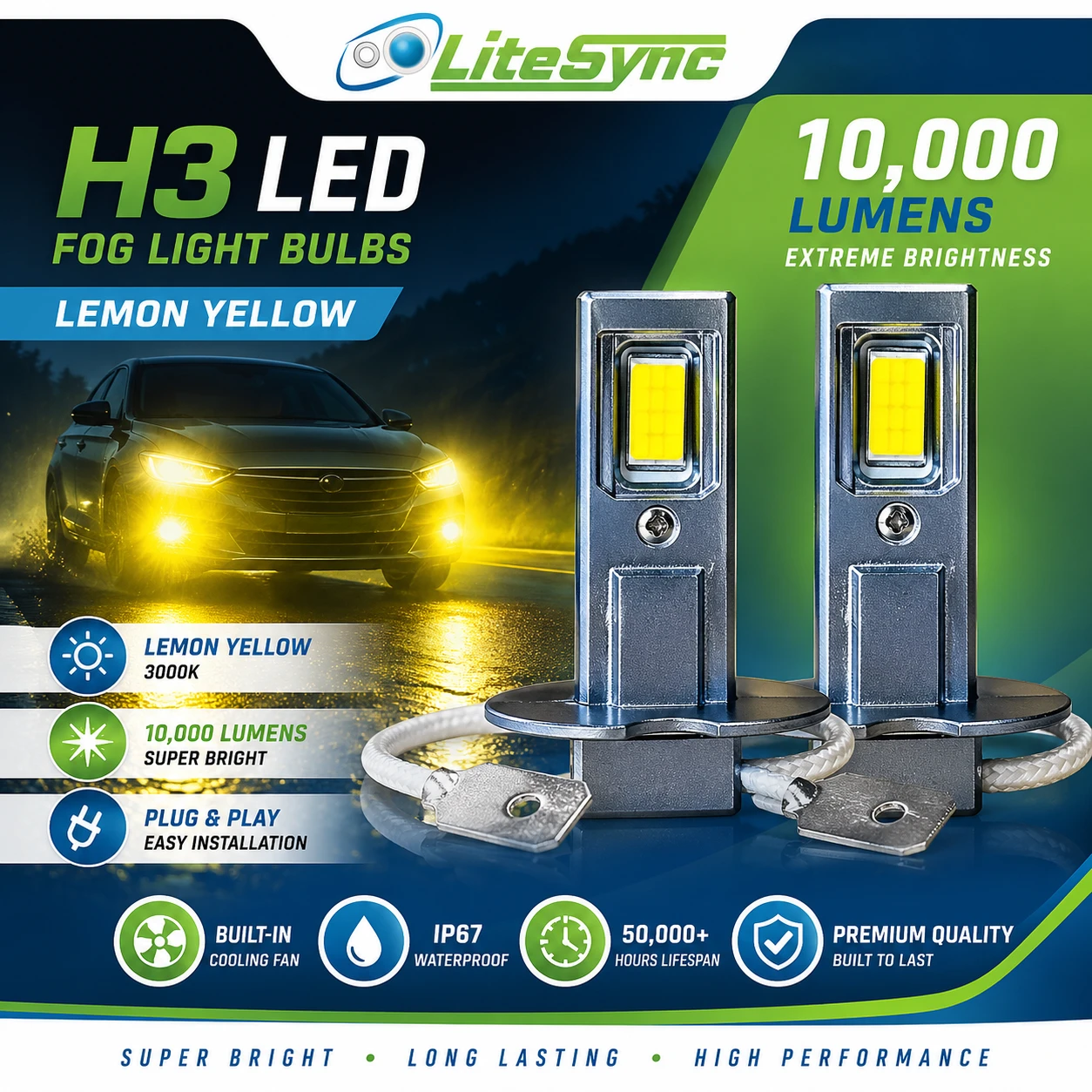 H3 LED Fog Light Bulbs 3000K Yellow 10000LM Canbus Error Free LiteSync