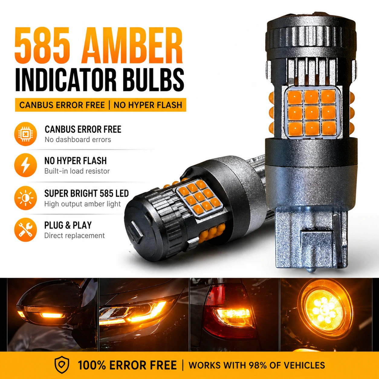 2x W21W 582 585 7440 T20 Amber LED Indicator Bulbs Canbus Error Free 36 SMD No Hyper Flash