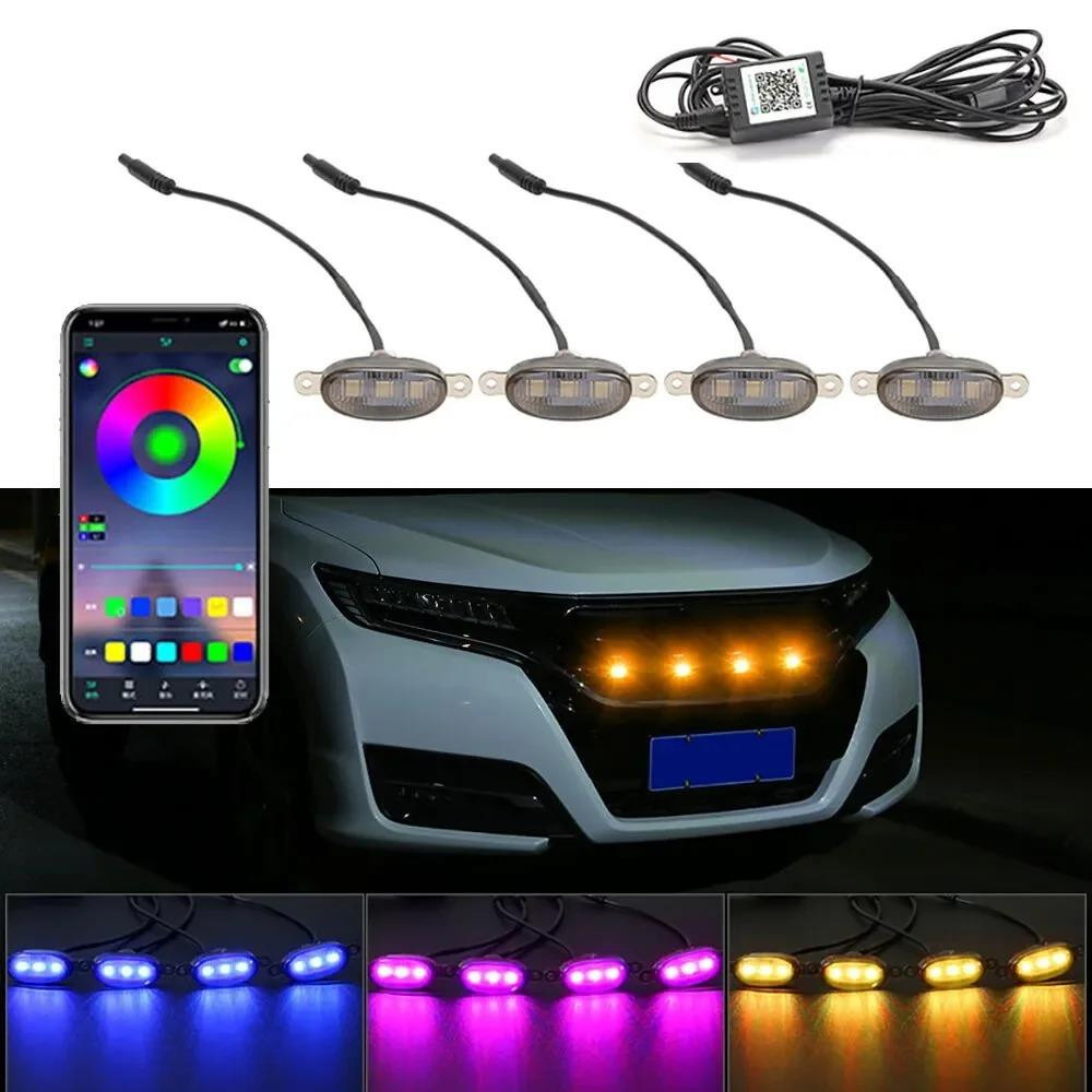 Set of 4 RGB LED Front Grille Marker Lights – Bluetooth App Control, Waterproof, Universal Fit for 4x4 Pickup Trucks