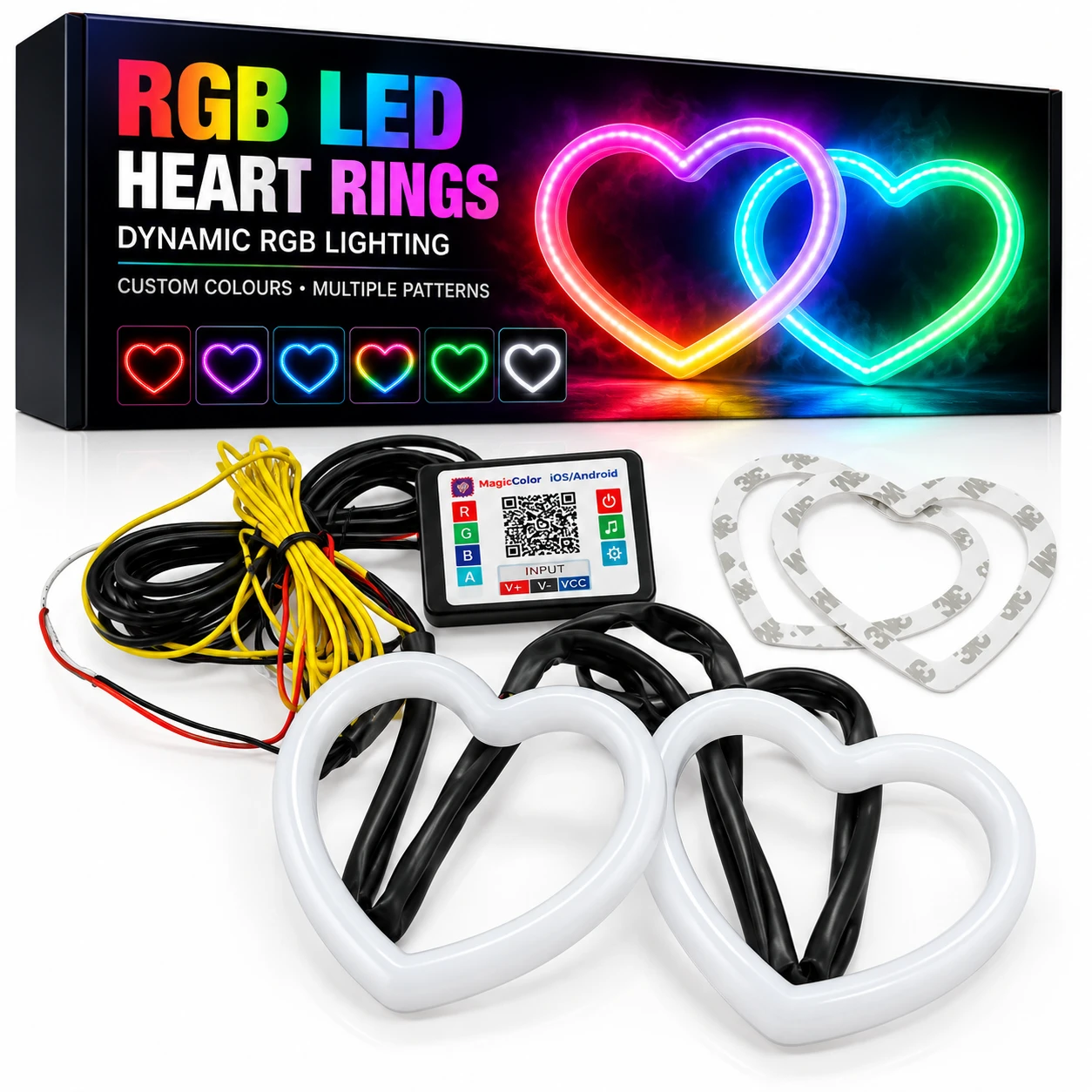 2x 90mm RGB Heart Angel Eye Halo Rings Dynamic Indicator Bluetooth LED DRL