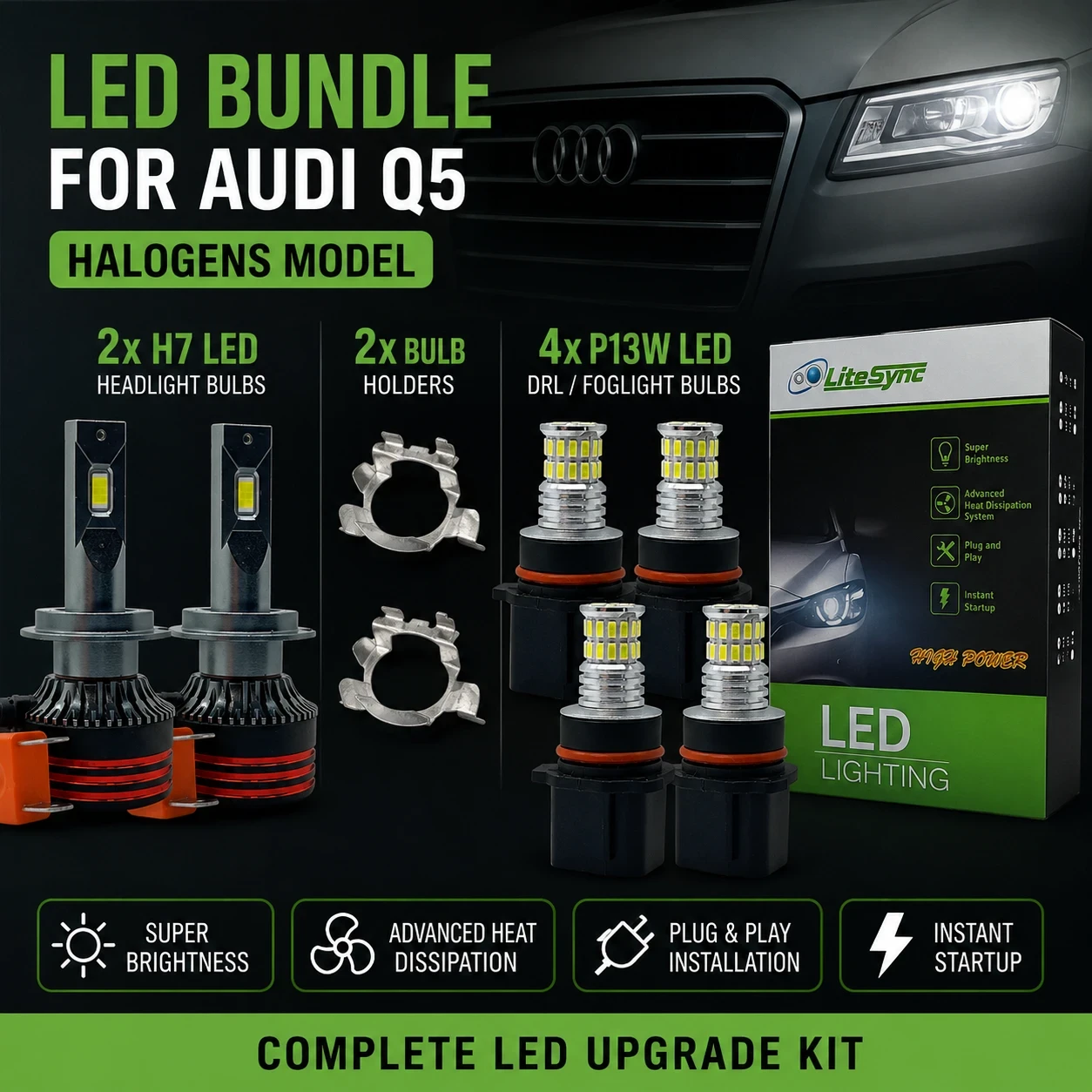 LiteSync H7 P13W LED Headlight & DRL Upgrade Kit for Audi A4 B8 2008–2015 & Q5 8R 2008–2016