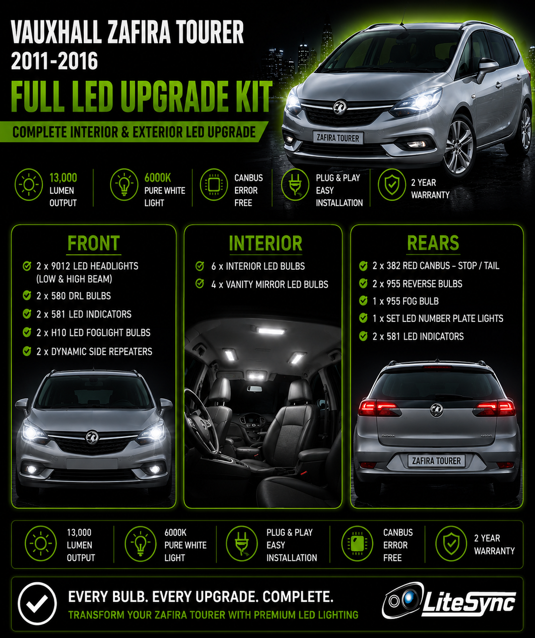 LiteSync Full LED Upgrade Kit for Vauxhall Zafira C Tourer 2011-2016 | Interior & Exterior Lighting Package