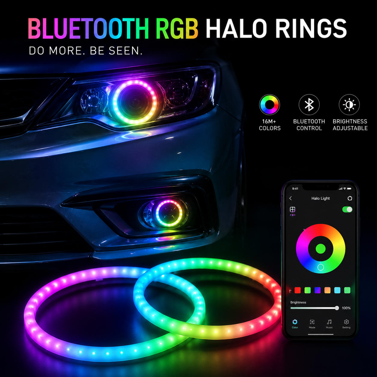 2PCS Dynamic RGB Halo Rings Angel Eyes Bluetooth App Control Multicolour