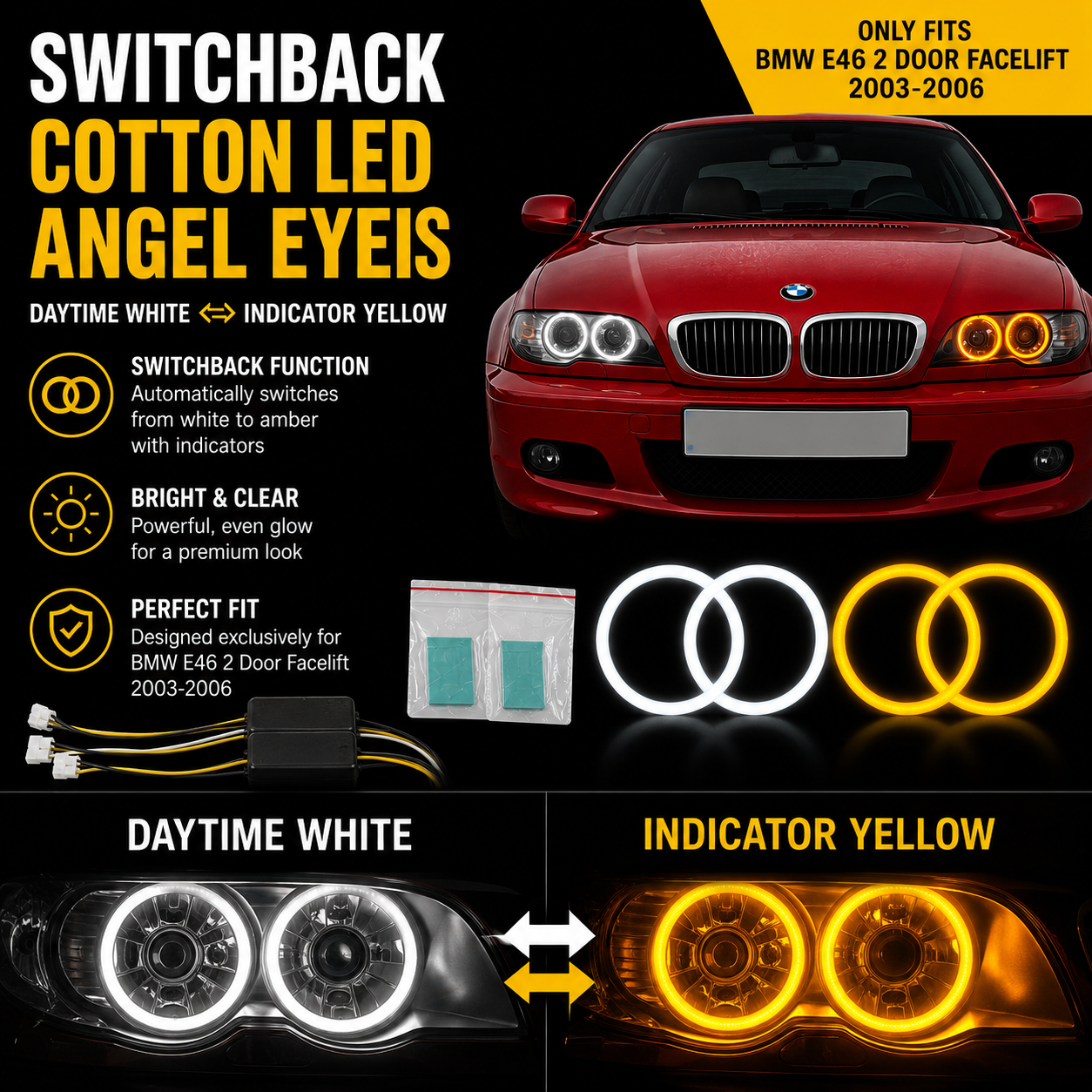 Switchback Halo Ring Cotton Light SMD LED Angel Eyes DRL For BMW E46 2dr Facelift 03-06