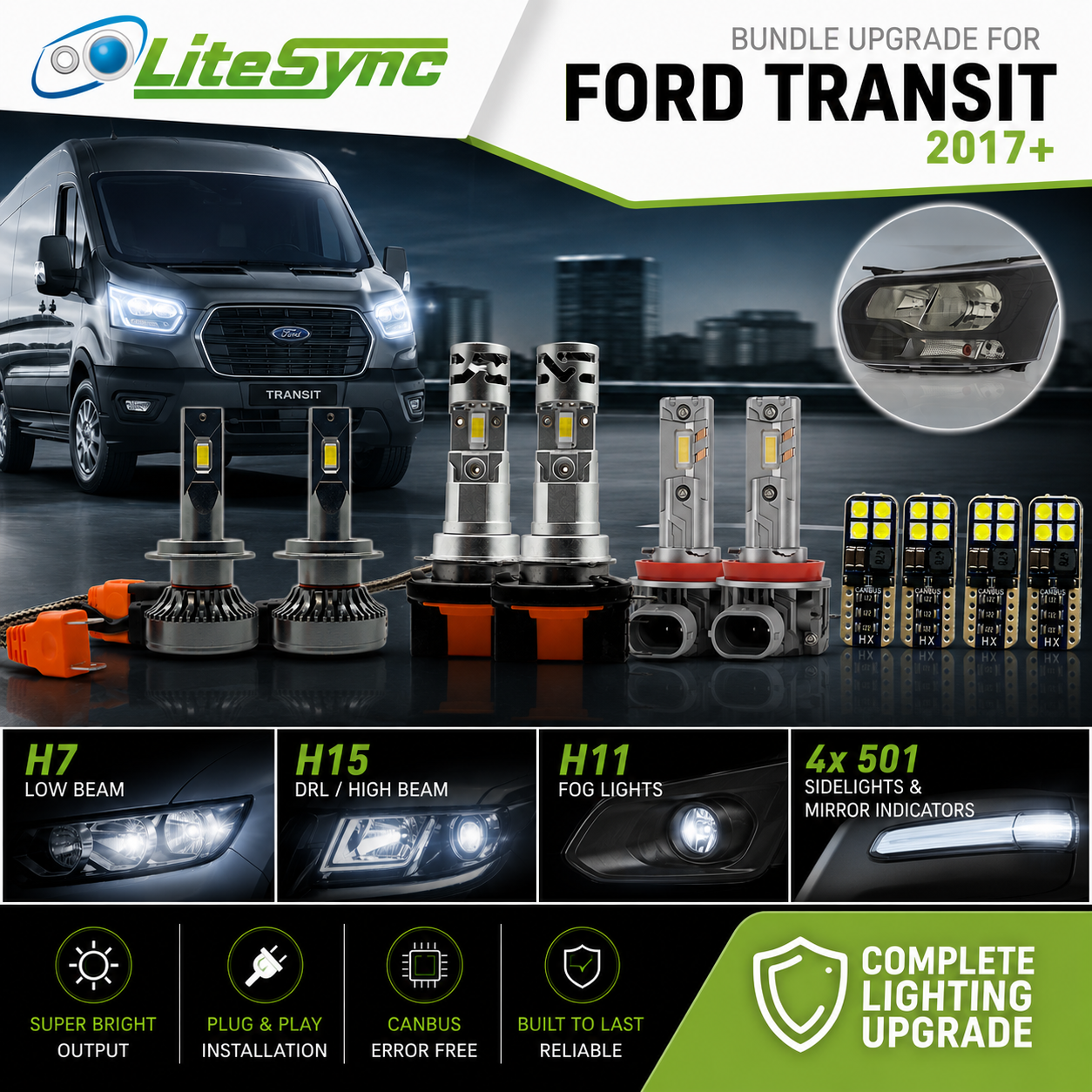 Litesync H7 H15 H11 501 LED Full Light Upgrade Kit for Ford Transit 2017+ | 13000LM 6000K White | Canbus Error Free