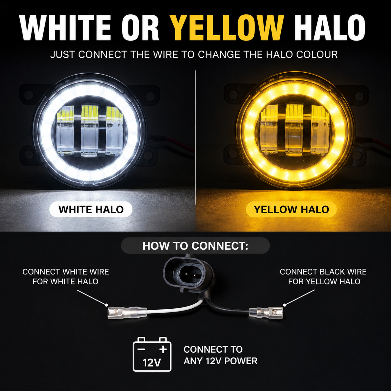 3" 90mm Projector LED Fog Lights White/Yellow Halo H11 Direct Replacement
