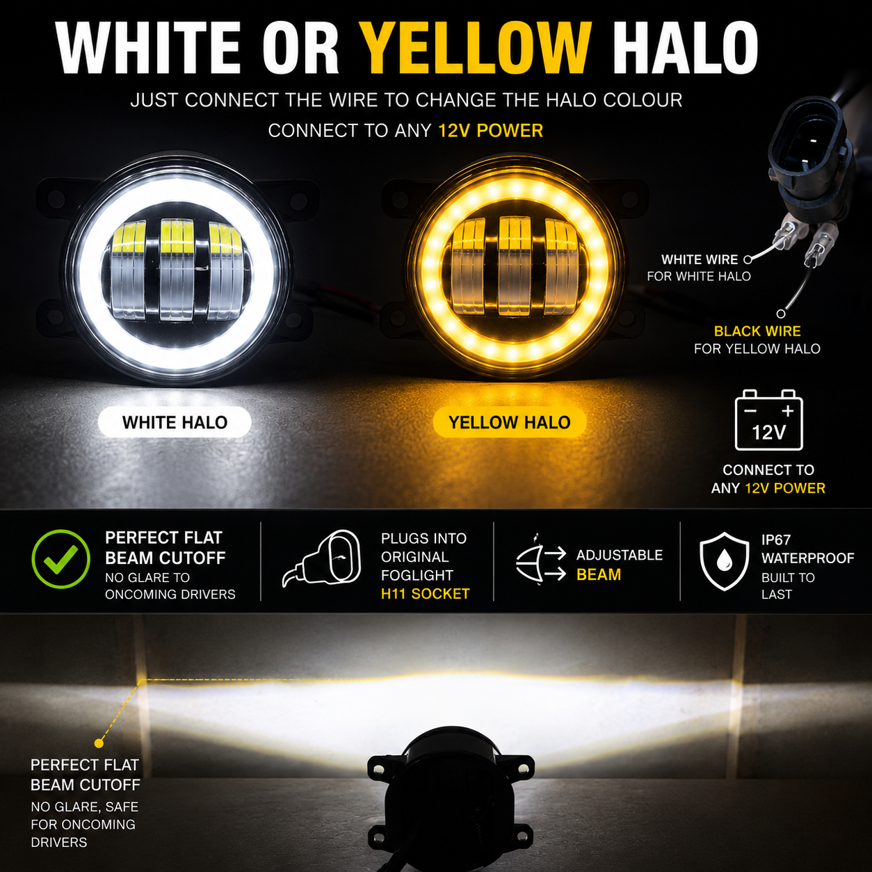 3" 90mm Projector LED Fog Lights White/Yellow Halo H11 Direct Replacement
