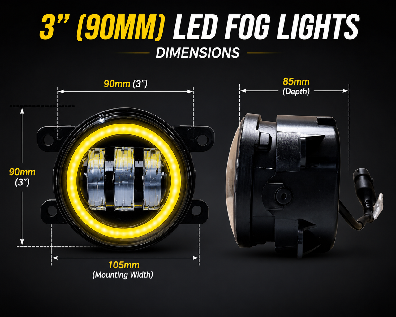 3" 90mm Projector LED Fog Lights White/Yellow Halo H11 Direct Replacement