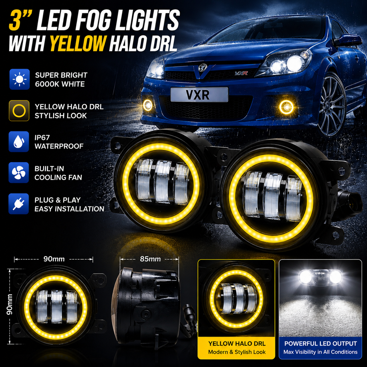 3" 90mm Projector LED Fog Lights White/Yellow Halo H11 Direct Replacement