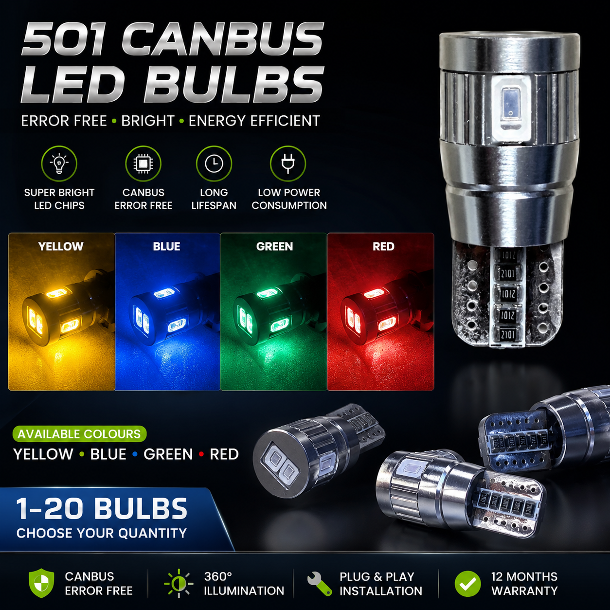 T10 501 W5W CANBUS Error Free LED Bulbs Blue Red Green Yellow Interior Light