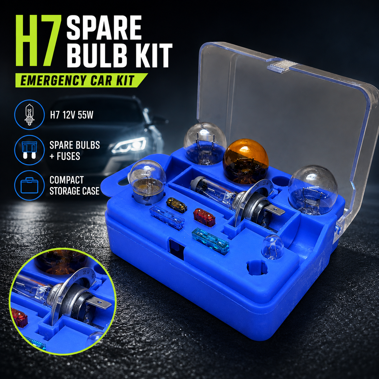 H7 10pc Car Bulb & Fuse Kit Travel Emergency Spare Set 12V Euro Road Legal