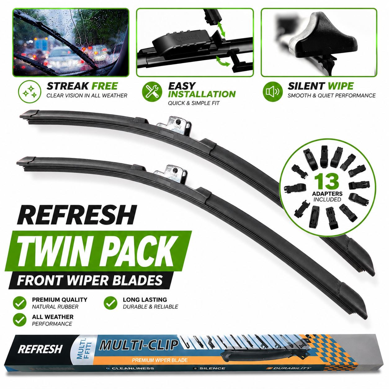 Pair Refresh Aero Flat Front Wiper Blades 30-20" Inch Multi-Fit