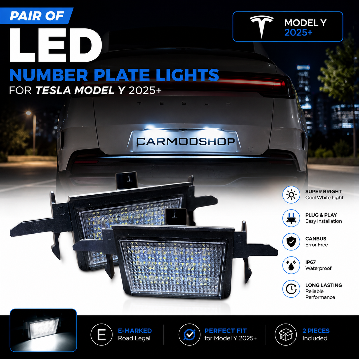 2x LED Number Plate Lights For Tesla Model Y 2025+ CANBUS 18 LED Plug & Play
