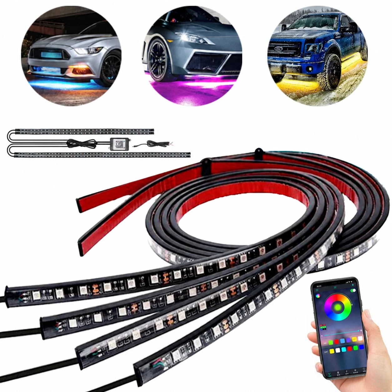 LiteSync RGB LED Under Car Underglow Kit 4 Strips Bluetooth App Control