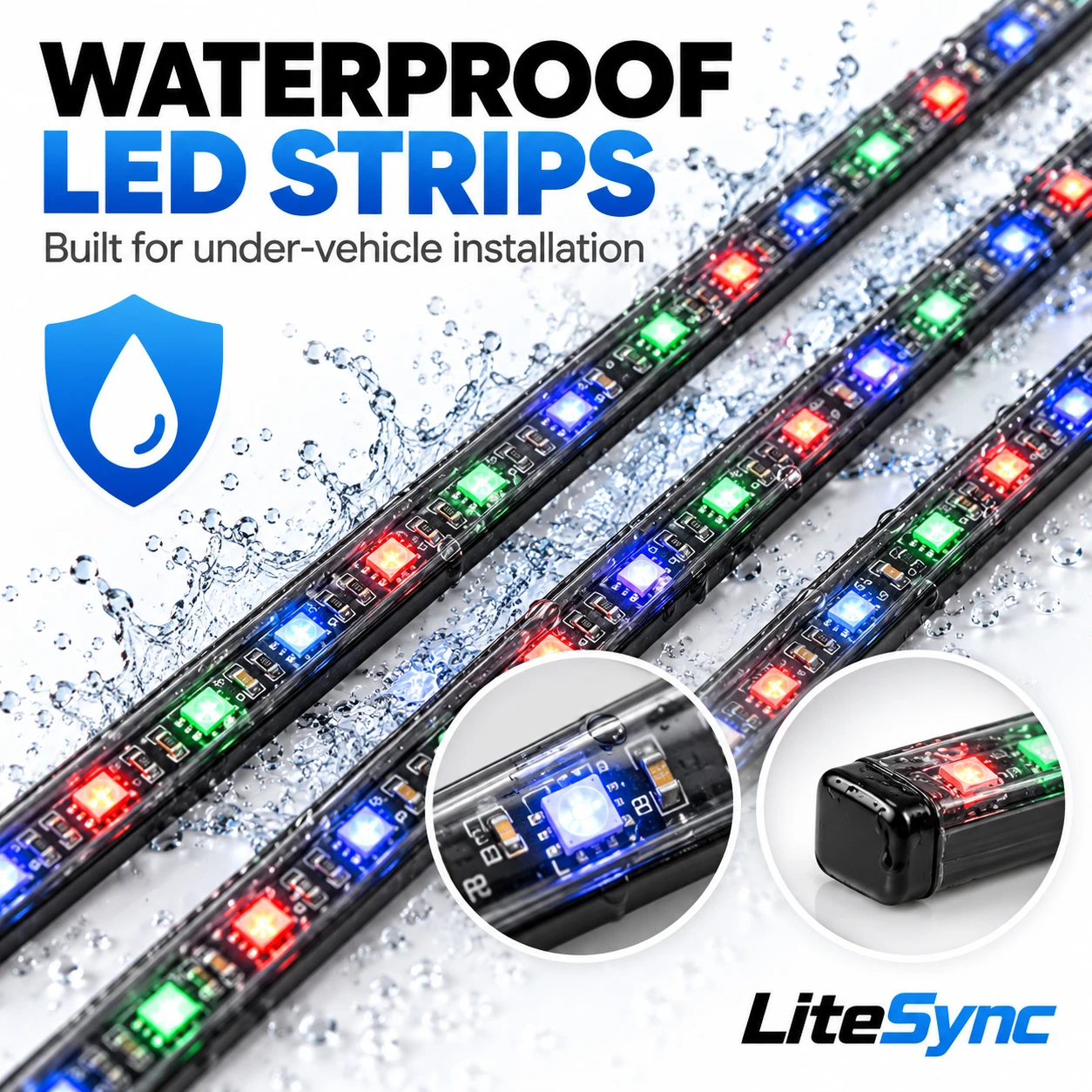 LiteSync RGB LED Under Car Underglow Kit 4 Strips Bluetooth App Control