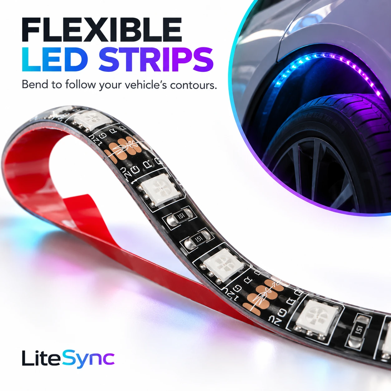 LiteSync RGB LED Under Car Underglow Kit 4 Strips Bluetooth App Control
