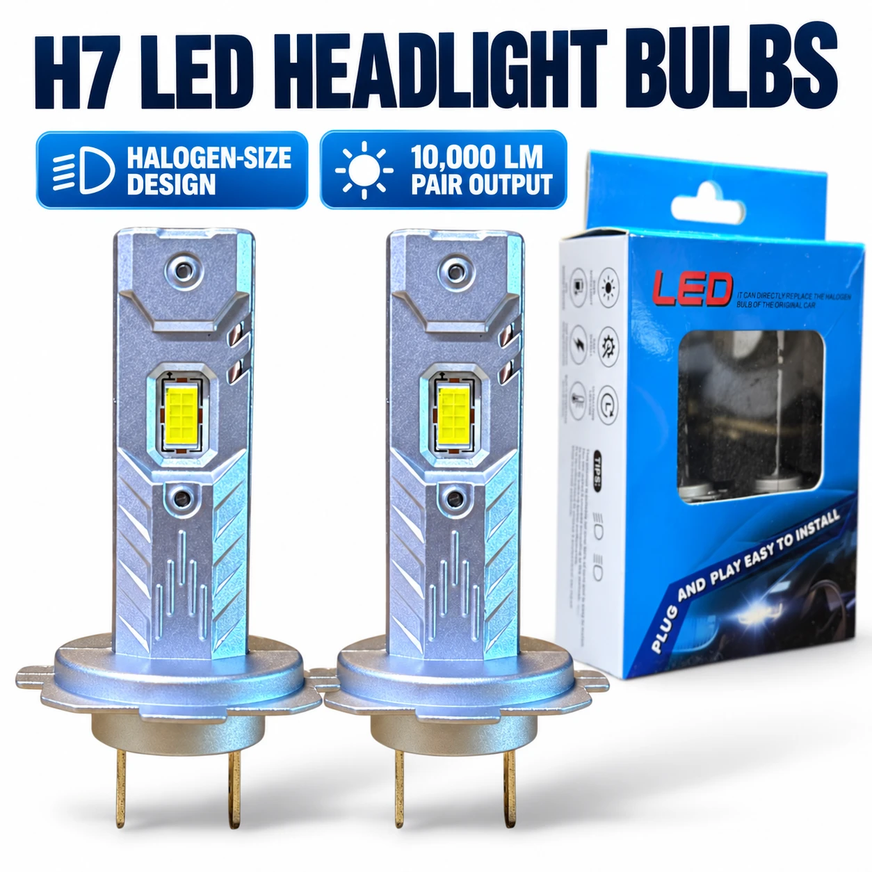 LiteSync H7 COB LED Headlight Foglight Bulbs 6000K 10000LM 1:1 Fanless Pair