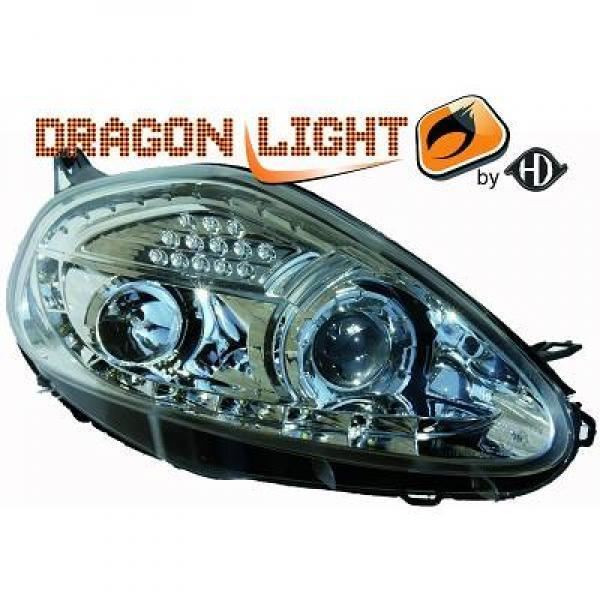 LHD Design Headlight Pair LED Dragon DRL Lights Clear Chrome H1 H1 Fiat Grande Punto
