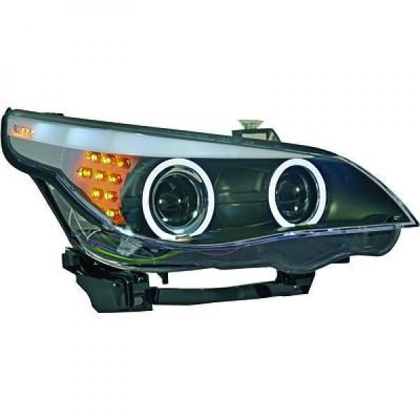 LHD Projector Headlights Pair Angel Eyes Clear Black D1S H7 BMW E60 61 03-07