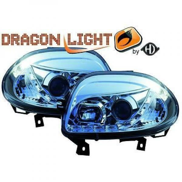 LHD Projector Headlights Pair LED Dragon DRL Lights Clear Chrome Renault Clio II 98-01