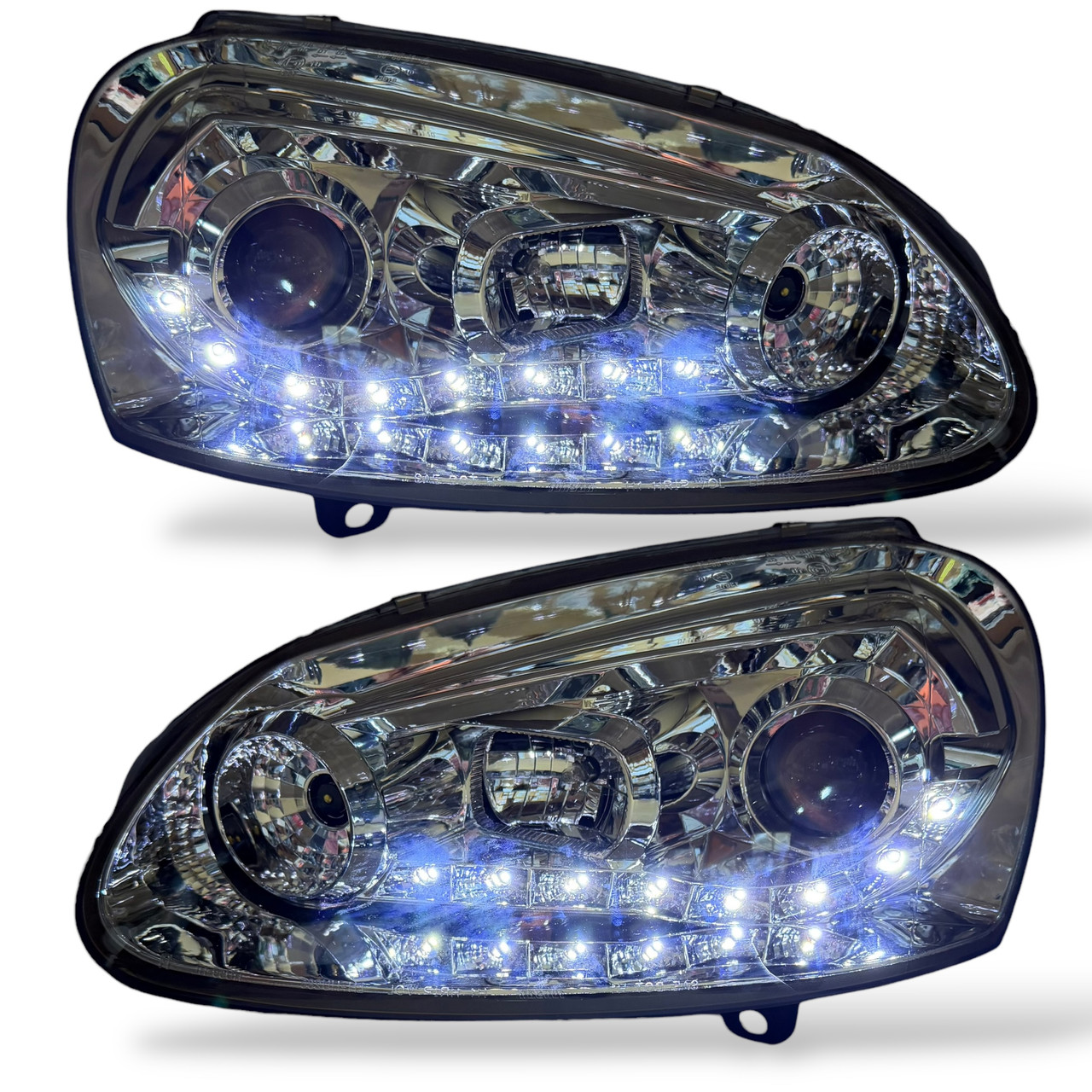 LHD Projector Headlights Pair LED Dragon DRL Lights Clear Chrome VW Golf V 03-08