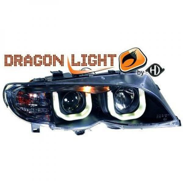 LHD Projector Headlights Pair LED Dragon DRL Black BMW 3 Series E46 01-05 4dr