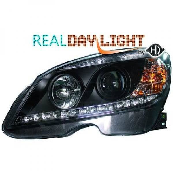 LHD Projector LED DRL Headlights Pair Clear Black Mercedes C Class W204 07-11