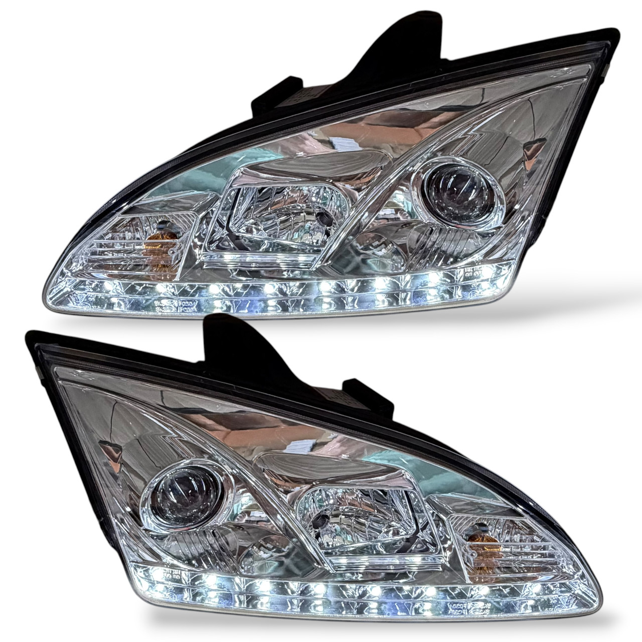 LHD Projector LED DRL Headlights Pair Clear Chrome Ford Focus II 04-07
