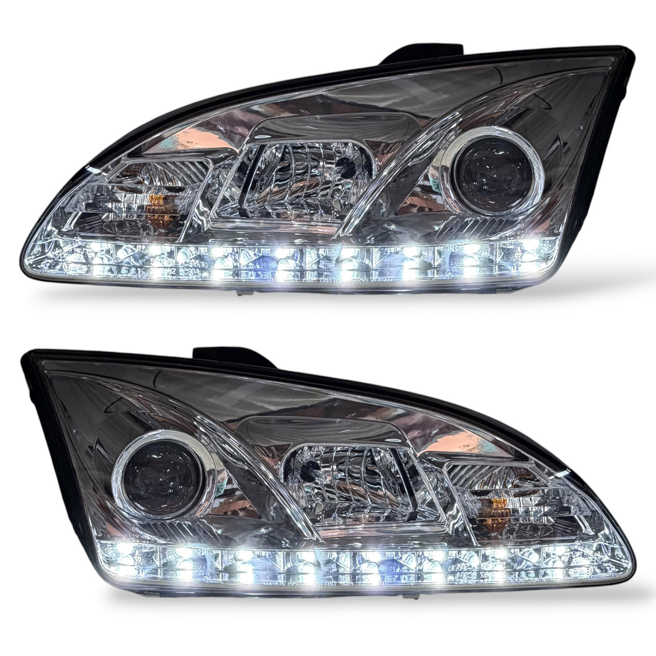 LHD Projector LED DRL Headlights Pair Clear Chrome Ford Focus II 04-07